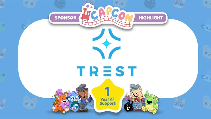 CAPCon Sponsor Highlight graphic featuring the TREST logo centered on a light background. The logo shows a blue geometric star-like symbol above the word “TREST” in bold blue lettering. A yellow star at the bottom reads “1 Year of Support!” Cartoon animal mascots line the bottom border beneath the star.