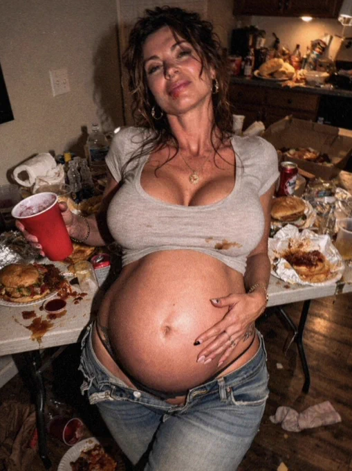 Flash photo of a woman at a messy house party, holding a red cup and leaning back against a table covered in burgers and takeaway boxes, jeans unbuttoned and visibly rounded foodbaby belly after a big meal.