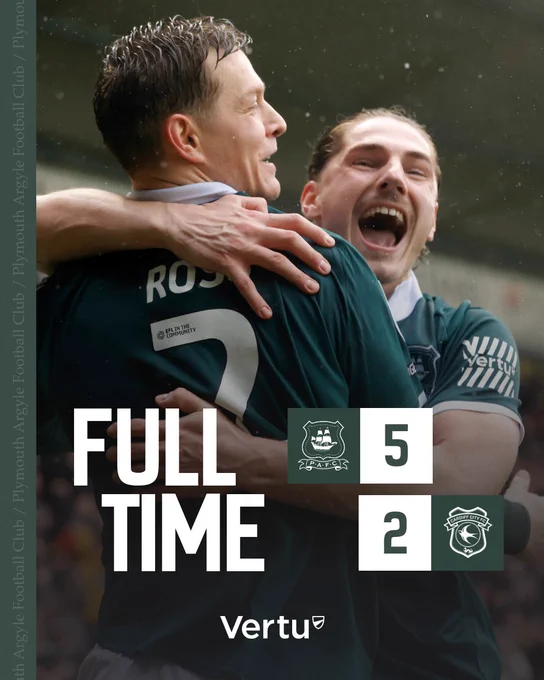 A graphic showing the full-time score, 5-2 to Argyle.