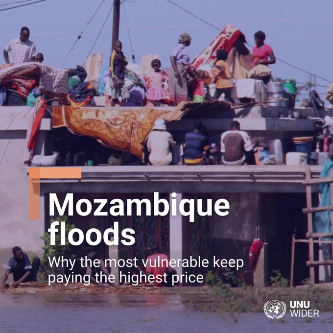 Picture of floods in Mozambique. Over it, text that reads "Mozambique floods: Why the most vulnerable keep paying the highest price". Photo credit: USSENE MAMUDO/AFP via Getty Images