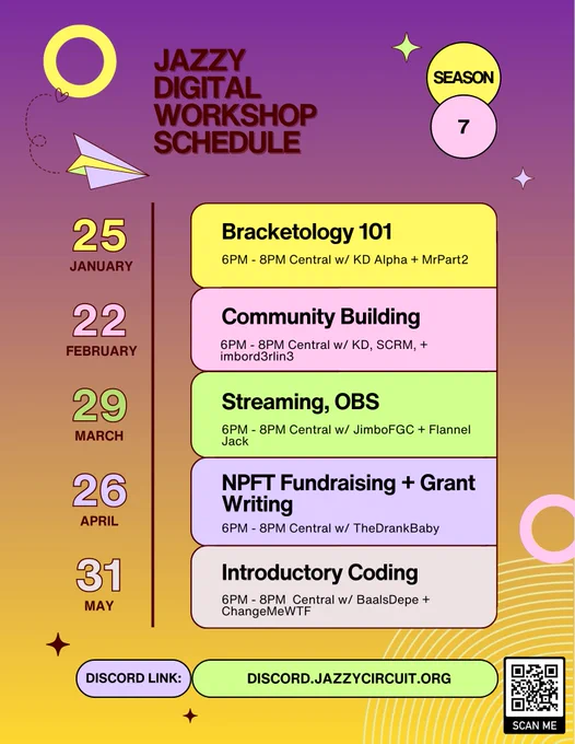 A graphic flyer presenting a schedule for live Discord workshop courses related to fighting game community development, presented by the Jazzy Circuit.

All workshops are scheduled to run from 6PM - 8PM Central Time.

January 25th: Bracketology 101 w/ KD Alpha and MrPart2
February 22nd: Community Building w/ KD Alpha, S.C.R.M., and imbord3rlin3
March 29th: Streaming and OBS w/ JimboFGC and FlannelJack
April 26th: NPFT Fundraising and Grant Writing w/ TheDrankBaby
May 31st: Introdutory Coding w/ BaalsDepe and changemewtf