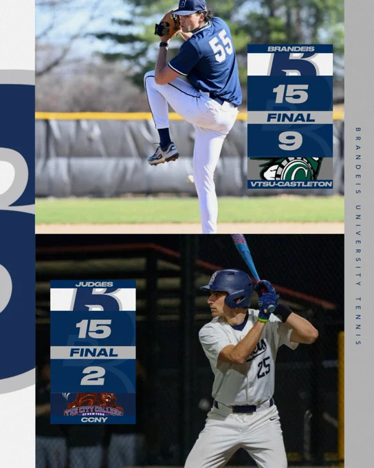 TEXT: FINAL: Brandeis Baseball 15, VTSU-Castleton 9; Brandeis 15, CCNY 2
IMAGES: TOP: Andrew Tringe pitching in a windup; BOTTOM: Danny Tambascia in the batter's box awaiting a pitch