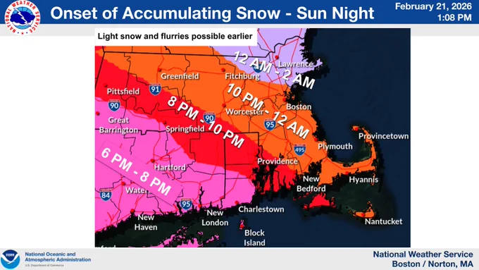 Onset times of accumulating snow for southern new england snow storm Sunday night. 