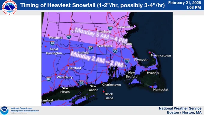 Timing of heavier snowfall rates in southern new england overnight sunday night through monday. 