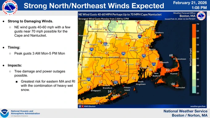 Max wind gusts forecasted early monday morning through monday evening for southern new england. 