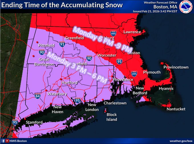 Ending time of accumulating snowfall for southern new england monday. 