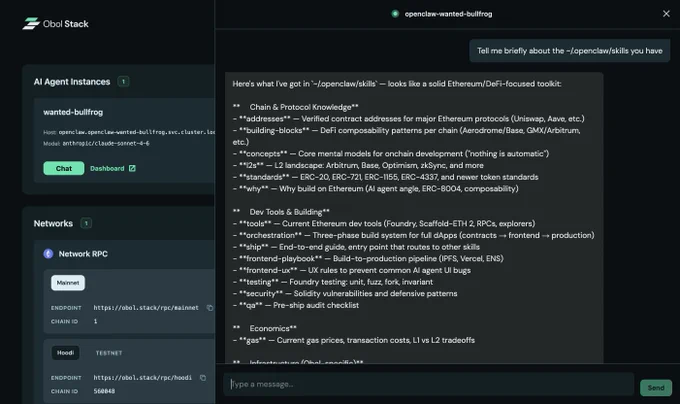 Obolclaw agent listing out the https://ethskills.com skills it supports (and some others)