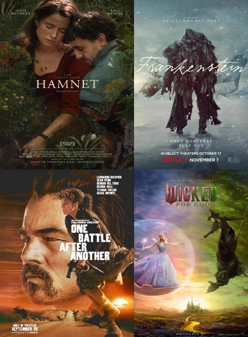 Hamnet- Period Film
Frankenstein- Fantasy or Sci-Fi Film
One Battle After Another- Contemporary Film
Wicked: For Good- Musical or Comedy Film