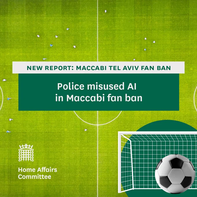 Background image of a football pitch. New Report: Maccabi Tel Aviv Fan Ban. Police misused AI in Maccabi fan ban. 