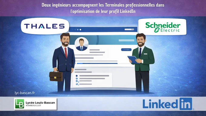 Jeudi 12 février 2026, les élèves de Terminale professionnelle du lycée Louis-Bascan ont participé à un atelier dédié à l’optimisation de leur profil LinkedIn, dans le cadre de leur préparation à l’insertion professionnelle.
Organisés par le Bureau des Entreprises du lycée (BDE) et animés par deux Ingénieurs Pour l’École (IPE) détachés par les entreprises Thales et Schneider Electric, ces ateliers ont pour objectif de permettre aux élèves de valoriser leurs compétences et expériences afin de faciliter leur recherche d’alternance, de stage ou d’emploi.