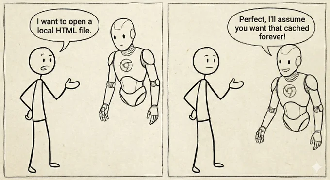 A stick figure requests to open a local HTML file, while a robot humorously suggests it will cache the file permanently.