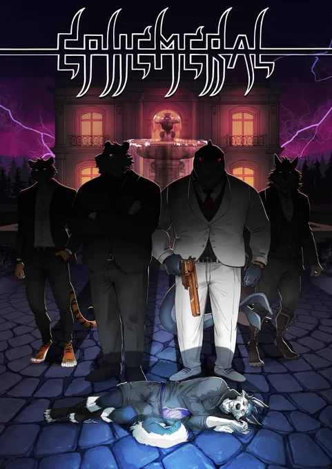 Depiction of Rusker (a husky) laying wounded on the driveway of an opulent mansion during a thunderstorm with four beastmen (a tiger, a polar bear, a great white shark, and a wolf) standing menacingly over Rusker with shadows concealing their faces