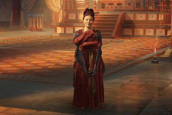 in game shot of a middle-aged korean woman standing in front of a throne.