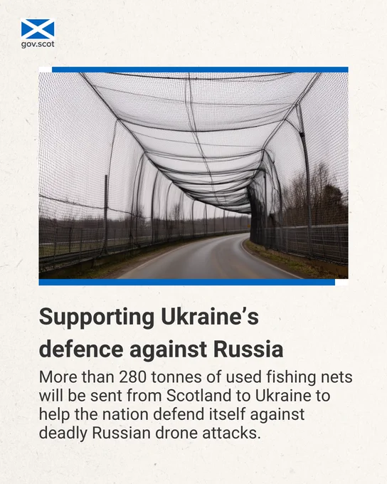Picture of road protected by anti-drone netting which says: Supporting Ukraine’s 
defence against Russia. More than 280 tonnes of used fishing nets will be sent from Scotland to Ukraine to help the nation defend itself against deadly Russian drone attacks.