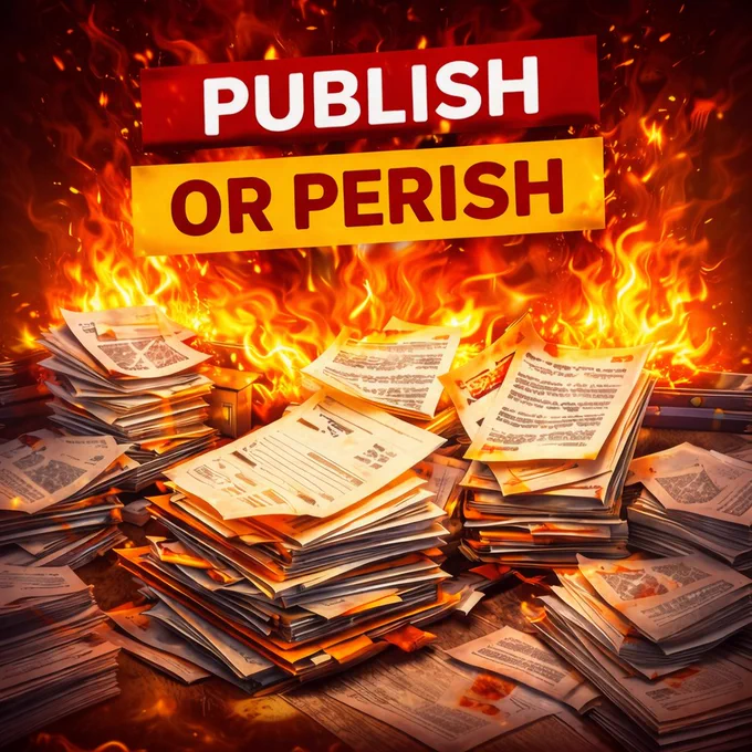 Stacks of research papers engulfed in flames, featuring the bold phrase "PUBLISH OR PERISH," highlighting the urgency in academic publishing.