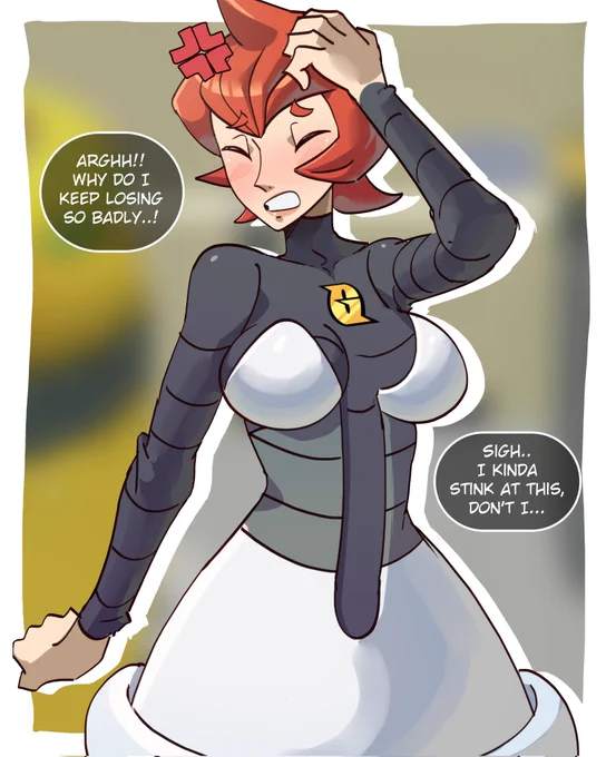 Mars from Pokémon Diamond, Pearl, Platinum, Brilliant Diamond, and Shining Pearl. She's visibly frustrated with her left hand in her hair and her right hand extended outwards to the side making a fist. She's saying "Arghh!! Why do I keep losing so badly..!" "Sigh.. I kinda stink at this, don't I..." SFW