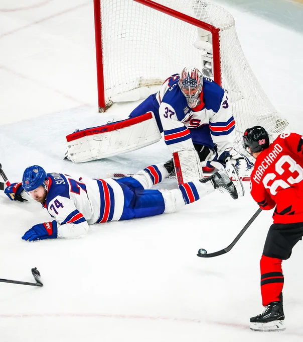 Photo of Jaccob Slavin blocking a shot for Team USA at the Olympic Winter Games Milano Cortina 2026.