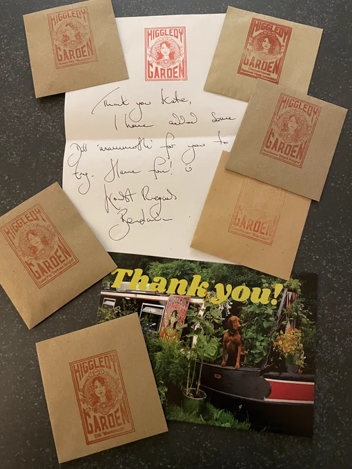 Beautiful Higgedly Garden seed packets, a thank you card and a handwritten letter