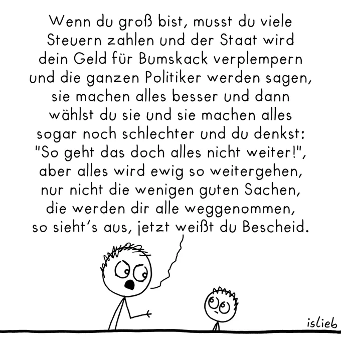 Der Schwarz-Weiß-Comic des Zeichners „islieb“ zeigt zwei einfache Strichfiguren: auf der linken Seite eine größere Figur und auf der rechten Seite eine deutlich kleinere Figur. Die größere Figur wendet sich der kleineren zu und spricht folgenden Text:

„Wenn du groß bist, musst du viele Steuern zahlen und der Staat wird dein Geld für Bumskack verplempern und die ganzen Politiker werden sagen, sie machen alles besser und dann wählst du sie und sie machen alles sogar noch schlechter und du denkst: "So geht das doch alles nicht weiter!", aber alles wird ewig so weitergehen, nur nicht die wenigen guten Sachen, die werden dir alle weggenommen, so sieht's aus, jetzt weißt du Bescheid.“