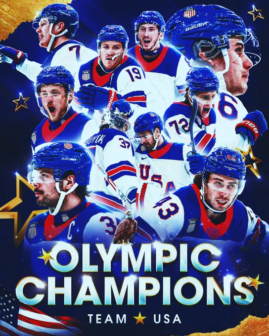A celebratory graphic featuring multiple NHL players wearing white Team USA uniforms. At the bottom, gold text reads \u201COlympic Champions. Team USA.\" 