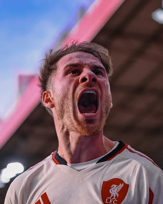 Photography of Alexis Mac Allister celebrating his goal against Nottingham Forest.