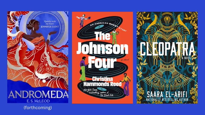 3 book covers on a blue background