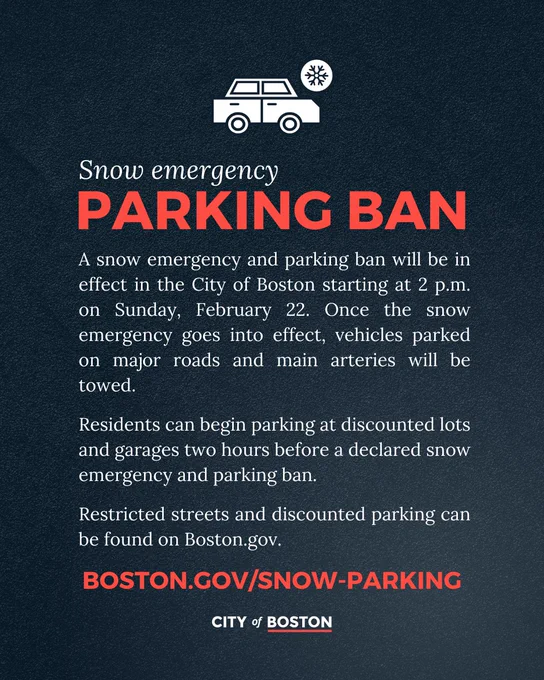 graphic with text detailing the City of Boston's snow emergency parking ban - discounted garages apply at 12 p.m. Sunday