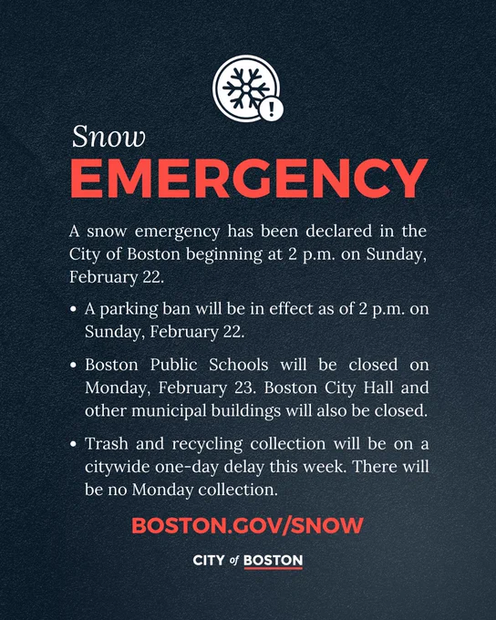 graphic with text: Snow emergency declaration in the City of Boston