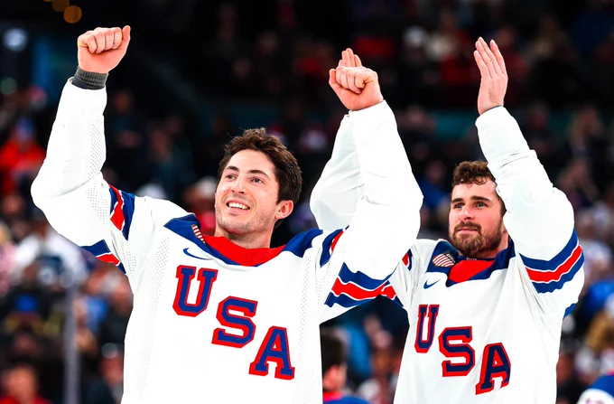 Photo of Zach Werenski and Dylan Larkin in USA uniforms