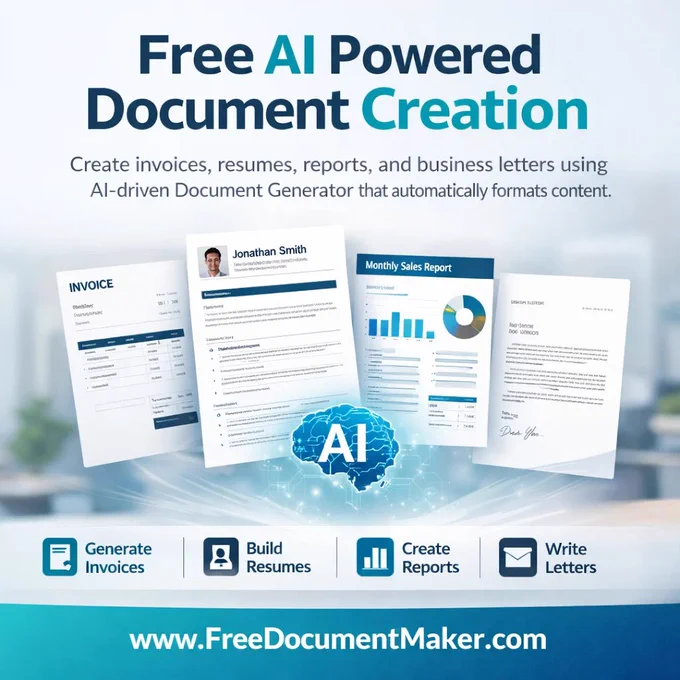 Free AI Document Generator by Free Document Maker displaying invoice, resume, and business report templates with structured auto-formatting and instant PDF download.