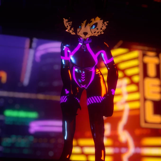 Picture of a cheetah novabeast in vrchat in a cyberpunk neon world with orange and purple out of focus lights in the background. He's wearing a skin-tight latex suit with purple patterns on the front, it reflects the lights off of the shiny surface. He's leaning forwards and looking at the camera.