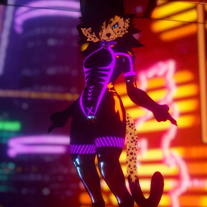 Closeup of a cheetah novabeast in vrchat in a cyberpunk neon world with orange and purple out of focus lights in the background. He's wearing a skin-tight latex suit with purple patterns on the front, it reflects the lights off of the shiny surface.