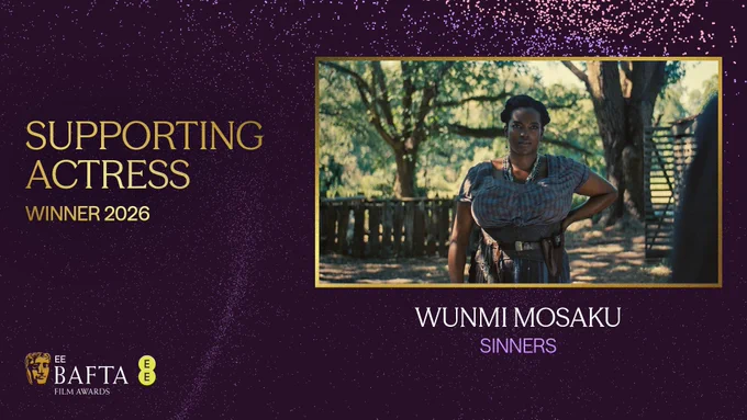 A purple graphic with particle detailing that reads ‘Supporting Actress Winner 2026’ with the EE BAFTA Film Awards logo beneath it. There is an image from Sinners in a gold framed box and the text beneath it reads ‘Wunmi Mosaku, Sinners’