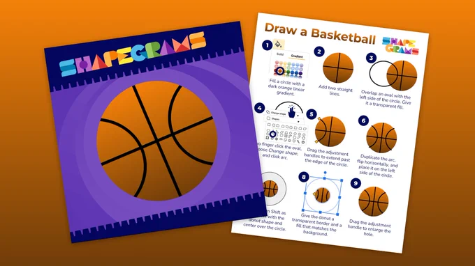 Drawing of a basketball and screenshot of a PDF with instructions for drawing a basketball with shapes.