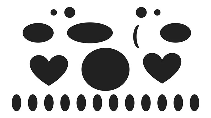 A collection of various black geometric silhouettes on a white background, including hearts, circles, ovals, and a crescent. The arrangement looks like a set of building blocks for a character or graphic.