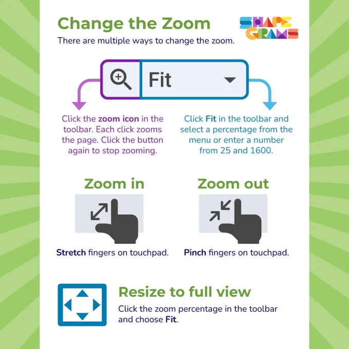 An educational infographic titled "Change the Zoom" by Shape Grams. It explains how to adjust zoom settings using toolbar icons, manual percentage entries (25% to 1600%), and touchpad gestures like pinching or stretching fingers.