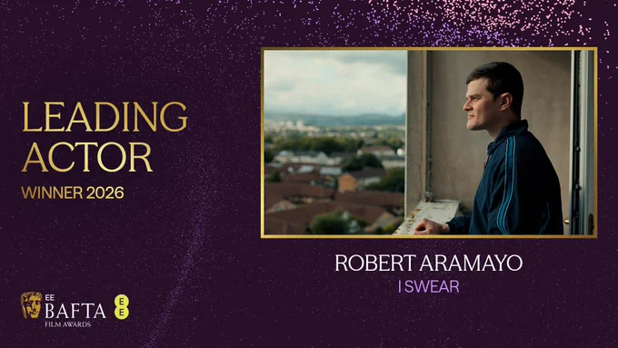 A purple graphic with particle detailing that reads ‘Leading Actor Winner 2026’ with the EE BAFTA Film Awards logo beneath it. There is an image from I Swear in a gold framed box and the text beneath it reads ‘Robert Aramayo, I Swear’ 