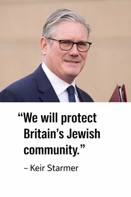 It uses the same picture of Starmer as the meme it’s quoting, with the the Starmer quote, “We will protect Britain’s Jewish community.”