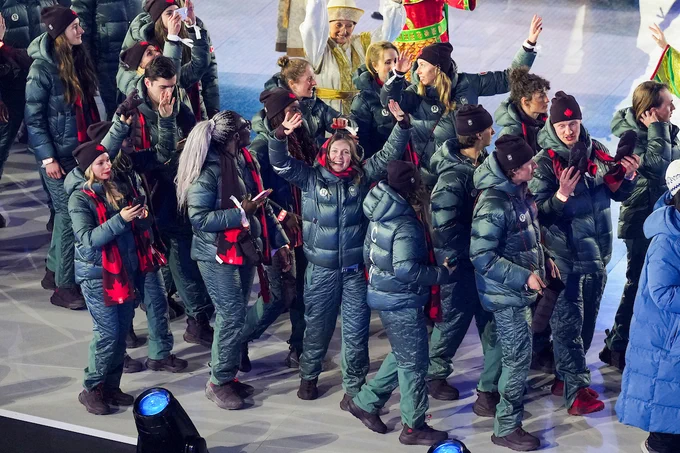 Team Canada arrives at the Verona Olympic Arena for the closing ceremony of the Milano Cortina 2026 Olympic Winter Games in Italy on Sunday, February 22, 2026. Photo by Candice Ward/COC.