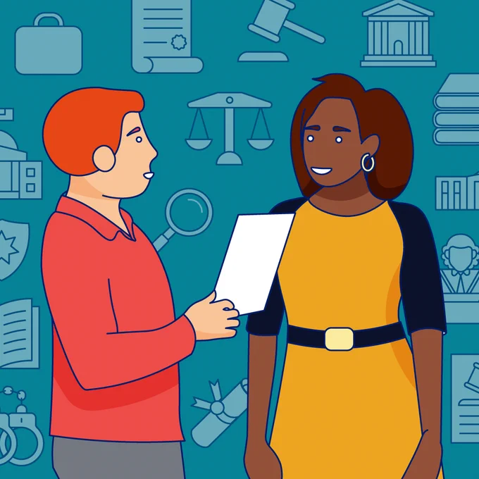2 people having a conversation. One of them is holding a document. Behind them is a background of icons related to the legal system.
