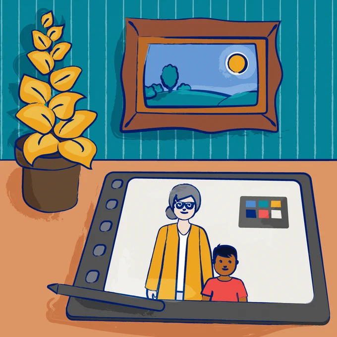 A drawing tablet on a desk next to a potted plant and a framed picture. On the tablet is an illustration of an adult and a child.