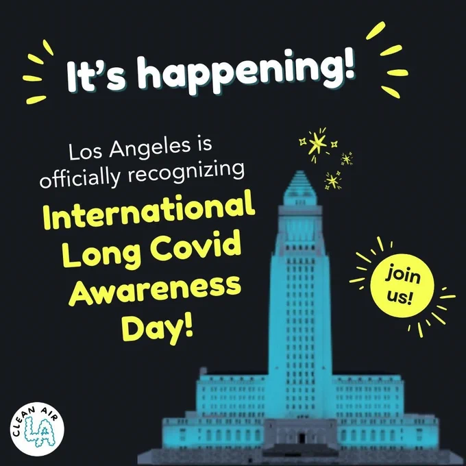Los Angeles City Hall illuminated in teal at night to raise awareness of International Long Covid Awareness Day