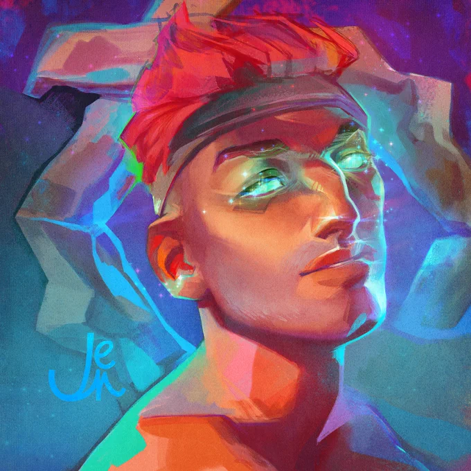 Stylised digital portrait of a sea of thieves pirate with Athena’s curse, in front of a symbolic representation of the legends icon and the entrance to the hideout