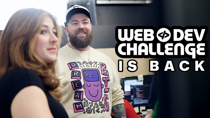 Jason on set of Web Dev Challenge season 3 with Luna. the text overlay reads, "Web Dev Challenge is back"