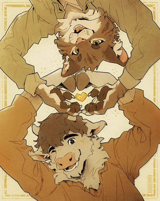 A happy bull and cat couple making a heart shape together.