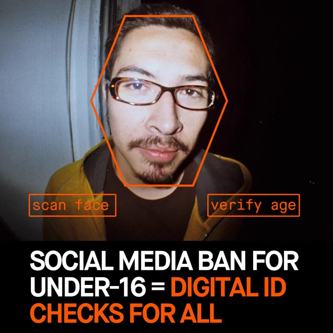 Graphic depicting digital ID checks and text reading "Social media ban for under-16 = Digital ID checks for all"