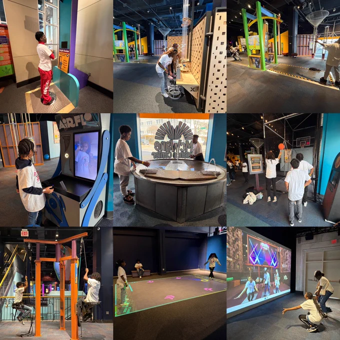 Students explore interactive science exhibits at the McWane Science Center, experimenting with motion, air flow, and digital displays.