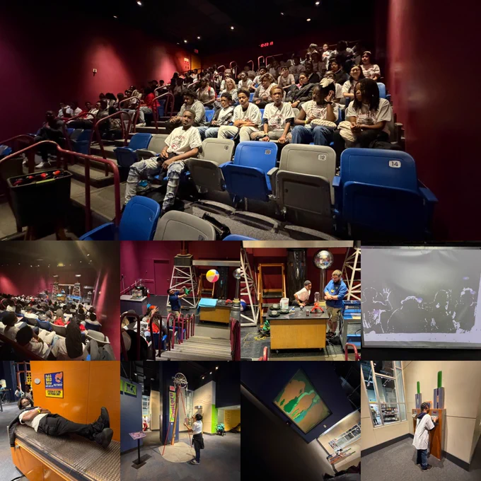 Westlawn students sit in a theater at the McWane Science Center watching the “May the Forces Be With You” science demonstration program.