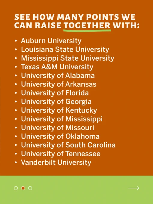 See how many points we can raise together with:

Alabama
Arkansas
Auburn
Florida
Georgia
LSU
Mizzou
MSU
Ole Miss
Oklahoma
Texas A&M
University of Kentucky
University of Tennessee
University of South Carolina
Vanderbilt
