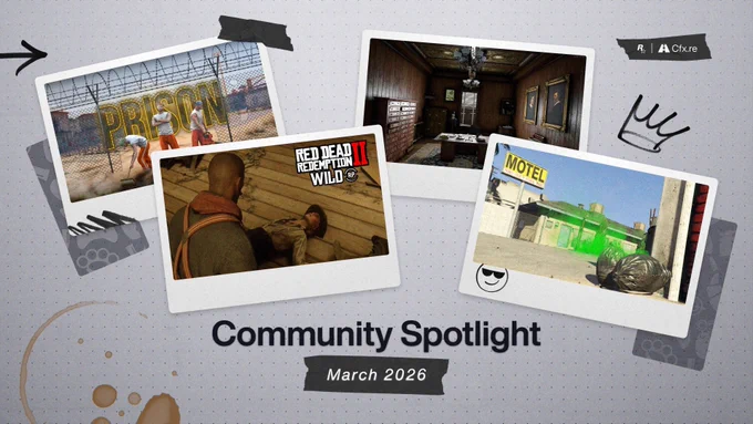 Rockstar Games and Cfx.re Community Spotlight poster with four images featuring various scenes from GTAV and Red Dead Redemption 2. Text reads: \"Community Spotlight. March 2026\"